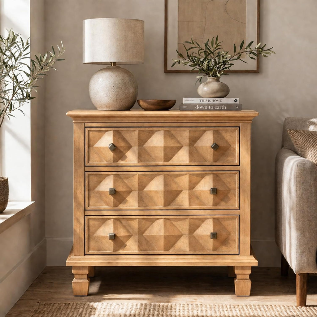Traditional Geometric Textured Nightstand, 3 Drawer Solid Wood Bedside Table with Carved Front Panels, Rustic End Table for Bedroom Living Room, Apricot