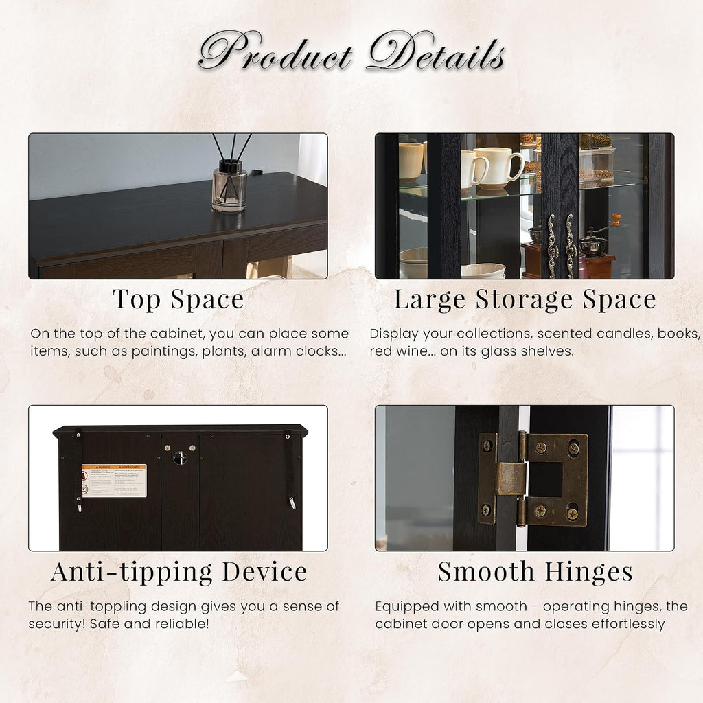 44" Small Lighted Glass Accent Curio Cabinet, Vintage China Cage with 2 Tempered Glass Doors & Adjustable Shelves, Acrylic Mirrored Pane, Elegant Wine Artwork Showcase for Living Room/Kitchen (Black)