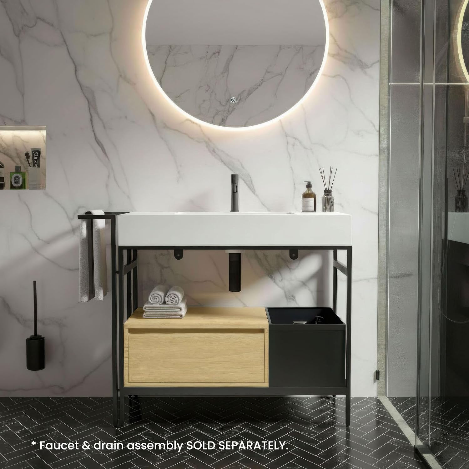 36" Bathroom Console Sink with Metal Legs, Bathroom Vanity with White Sink, Storage Drawer and Metal Basket, Utility Sink for Hotel, Laundry Room, Garage, Basement