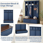 Merax Wood Hall Tree with 6 Hooks & Entryway Bench, Farmhouse Mudroom Versatile Coat Racks with 2 Large Drawers, Entrance Organizer for Hallway, Living Room Blue