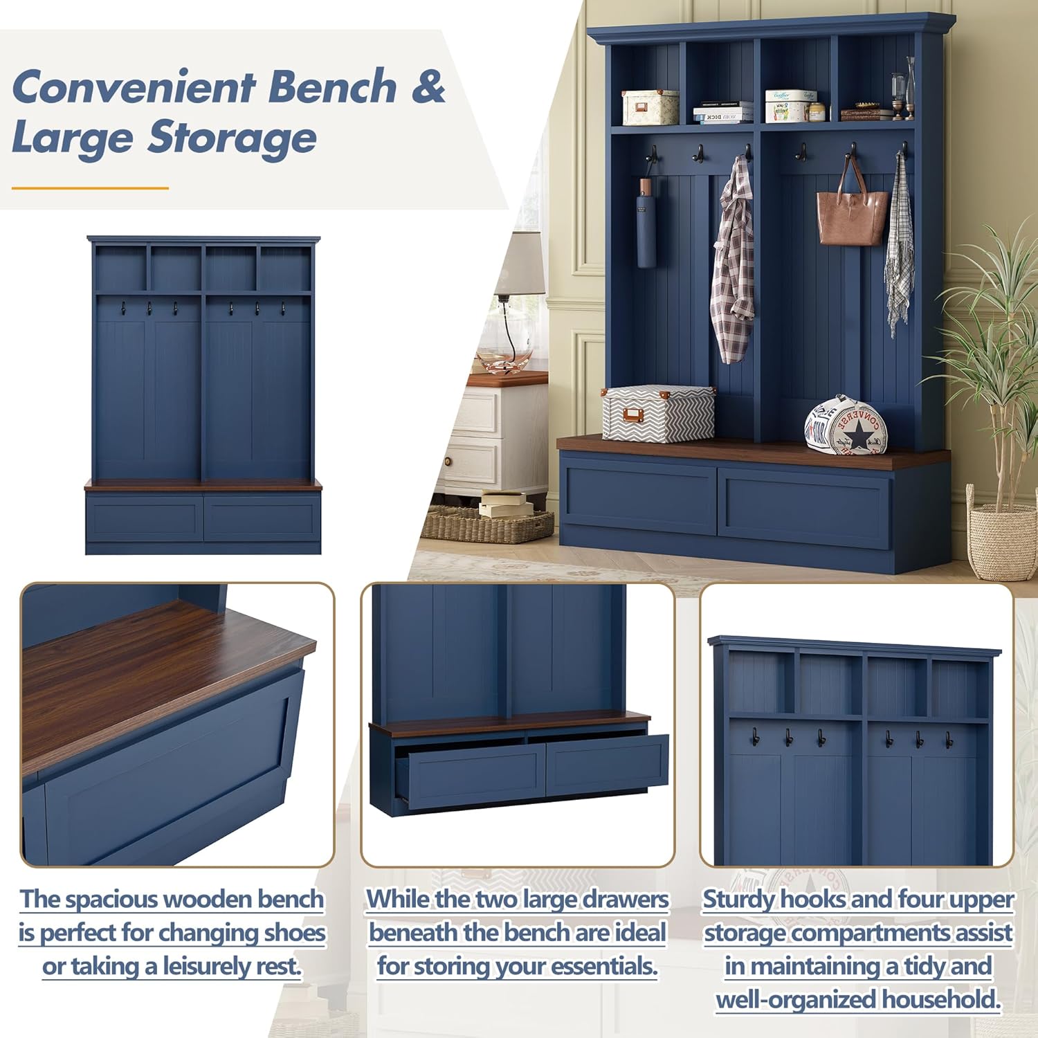 Merax Wood Hall Tree with 6 Hooks & Entryway Bench, Farmhouse Mudroom Versatile Coat Racks with 2 Large Drawers, Entrance Organizer for Hallway, Living Room Blue