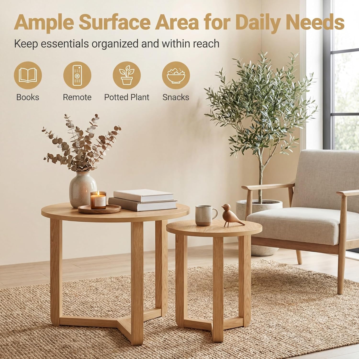 Tangkula Round Nesting Coffee Table Set of 2, Farmhouse End Tables with Solid Rubber Wood Tripod Legs, Compact Sofa Side Tables for Living Room Bedroom Small Spaces (Natural)