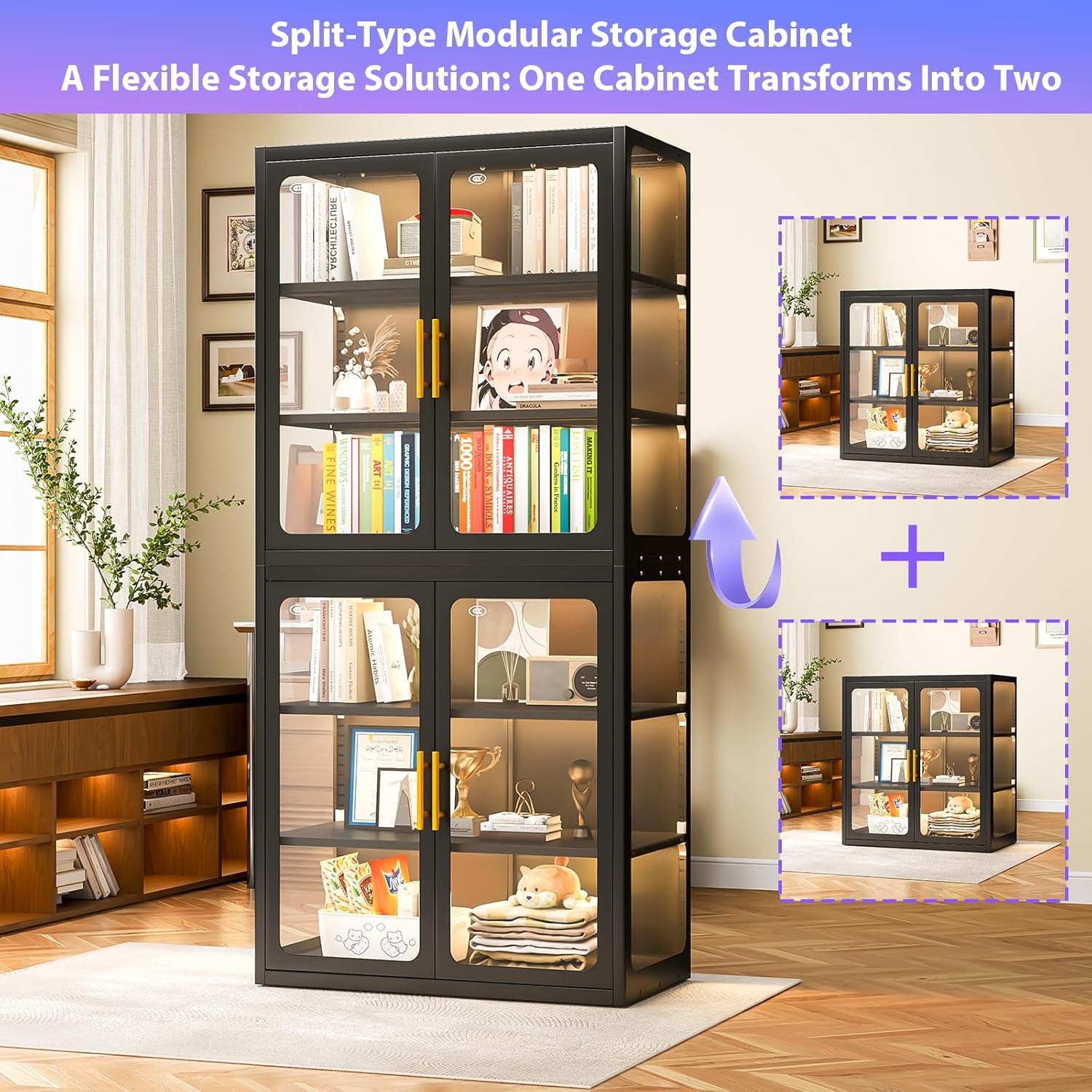 pozdeg Display Cabinet with Glass Door, 34" Curio Cabinet with RGB Lights and 2 Adjustable Shelves, Glass Display Case for Collectibles, Toys, Books, Figures, Exhibit (Black)