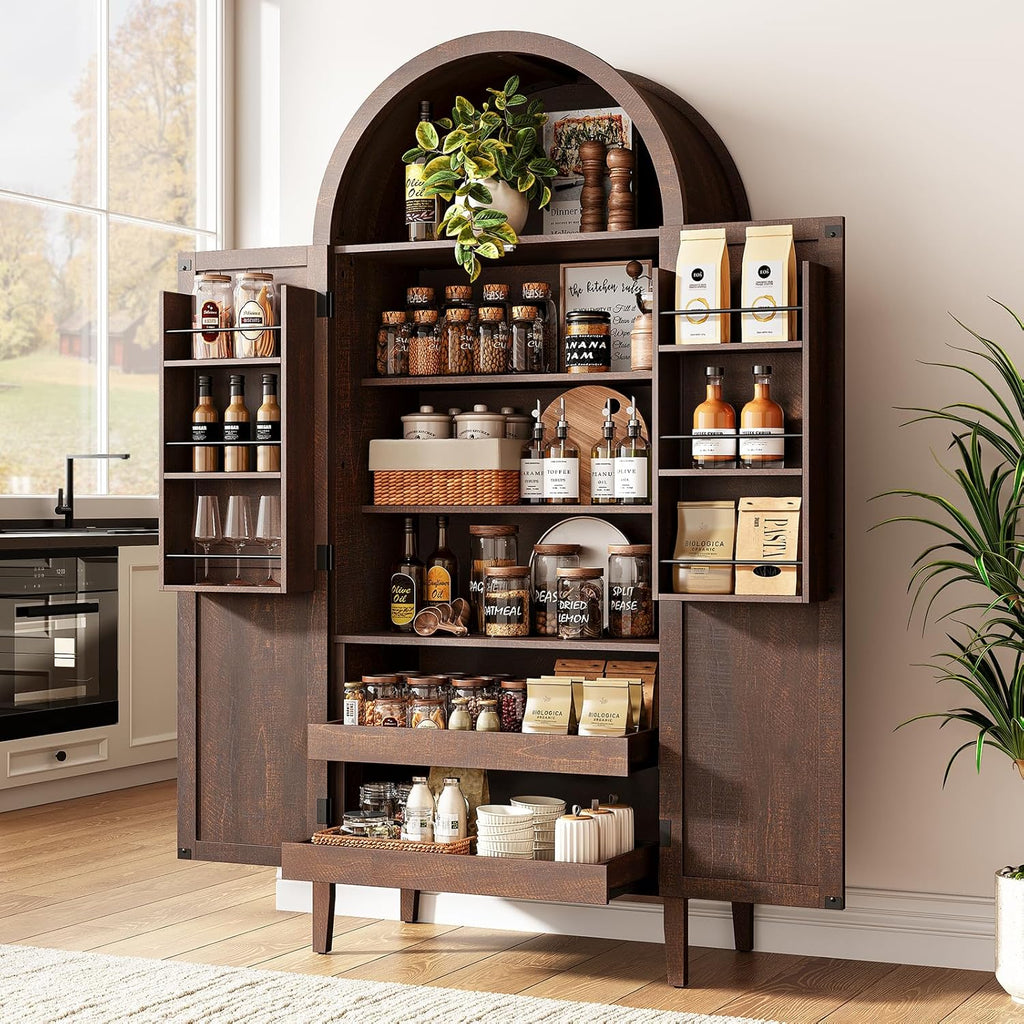 ONBRILL 71" Tall Arched Kitchen Pantry, Storage Cabinet Pantry with 2 Pull-Out Shelves, 6 Door Shelves, Organizer, Freestanding Morden Versatile Cupboard for Kitchen, Dining Room (Brown)