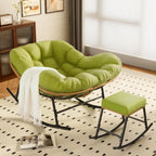 Easyego Oversized Papasan Rocking Chair with Ottoman for Indoor Outdoor Use, Comfortable Wicker Rocker with Cozy Thicken Cushion for Deck, Balcony, Poolside, Lawn, Bedroom, Living Room, Green