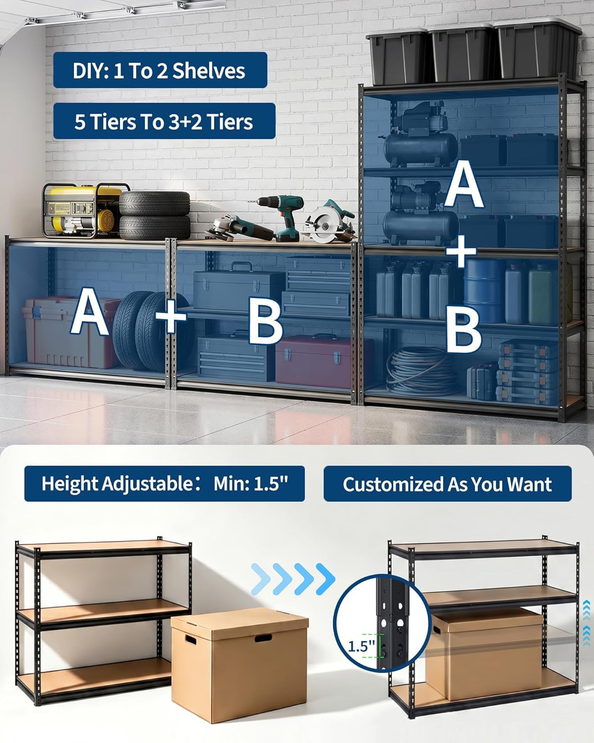 5-Tier Storage Shelving Unit, 60" W x 24" D x 72" H, Carbon Steel Utility Shelves, 2500 lbs Load Capacity, Adjustable Metal Freestanding Garage Shelf for Pantry, Basement, Warehouse, Heavy Duty
