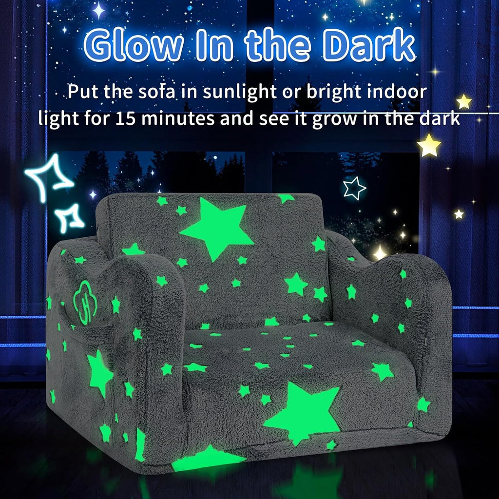 Toddler Couch, Glow in The Dark Kids Couch 2 in 1 Sofa Bed, Convertible Flip Open Toddler Sofa Couch Bed, Kids Sofa for Playroom Bedroom
