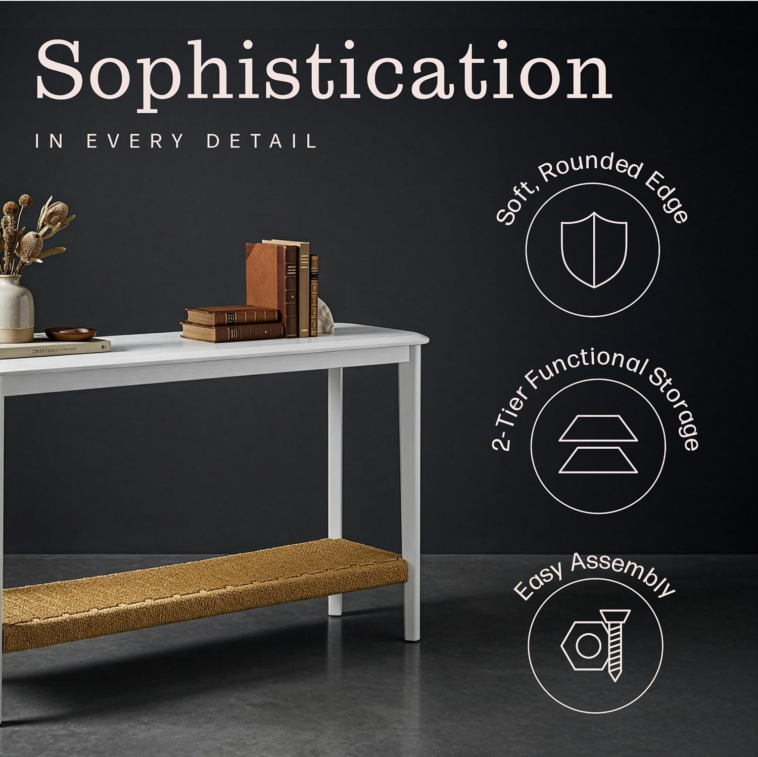 Alaterre Furniture Calais 48 Inch Wooden Console Table with Woven Storage Shelf – Mid Century Modern 2-Tier Entryway or Sofa Table for Living Room, Hallway, or Foyer (White)