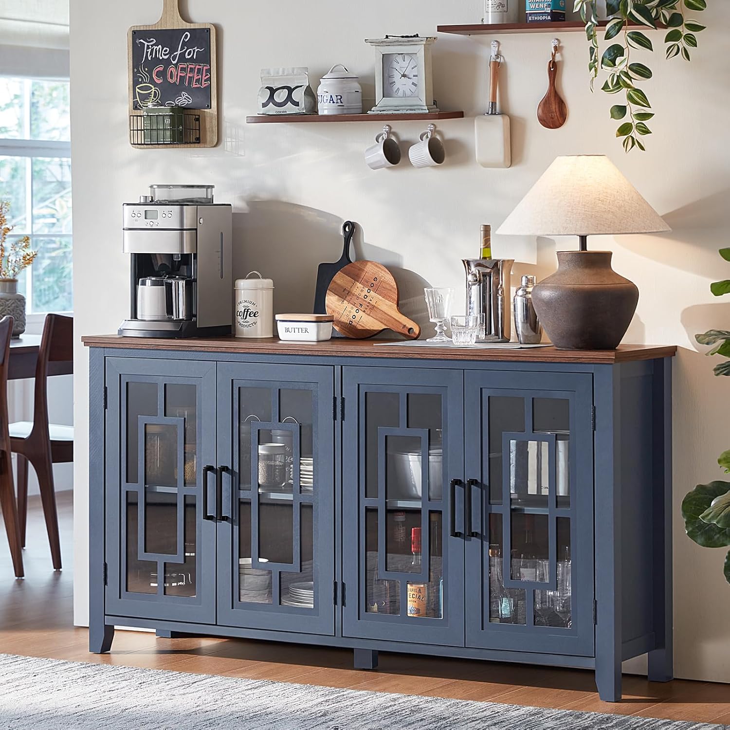 Joaxswe Large Sideboard Buffet Cabinet with Storage, 63" Farmhouse Navy Blue Kitchen Coffee Wine Bar Cabinet with 4 Glass Doors, Mid Century Modern Wood Side Board Table for Dining Room, Living Room