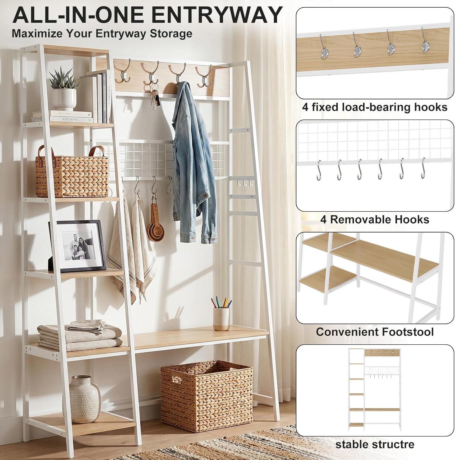 Garvee Coat Rack, Hall Tree with Shoe Bench for Entryway, Entryway Bench with Coat Rack, 4-in-1, with 8 Removable Hooks, Industrial Entryway Furniture