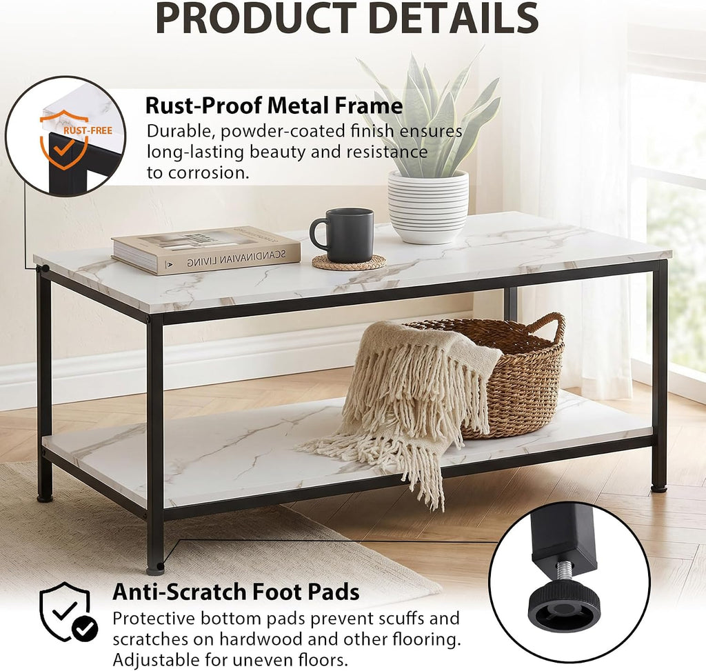 SUPER DEAL 2-Tier Coffee Table with Storage Shelf for Small Apartment Living Room, Rectangle Wood and Stable Metal TV Stand Side End Table, White Marble