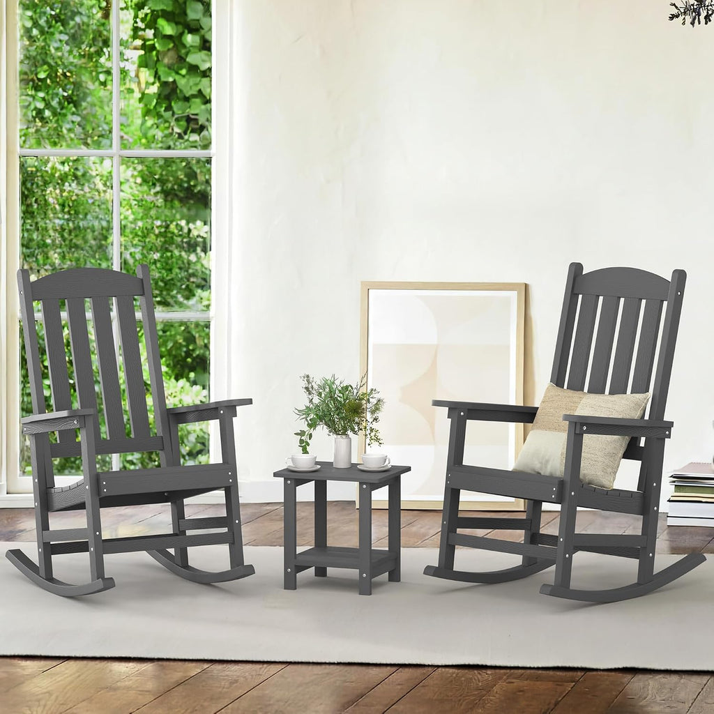 LUE BONA Outdoor Rocking Chair, HDPS Poly Rocking Chairs, All Weather Resistant Plastic Outdoor Indoor Porch Rocker, Heavy Duty Rocking Chair for Patio, Lawn, Garden, 300LBS, Dark Gray