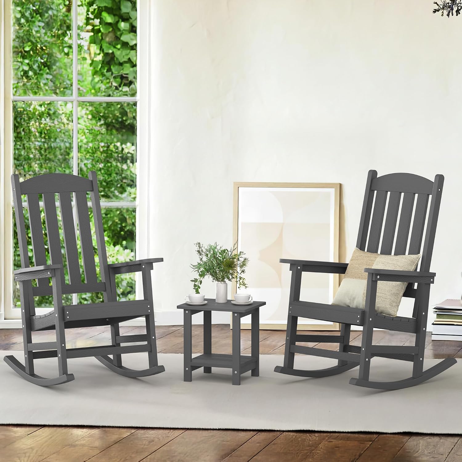 LUE BONA Outdoor Rocking Chair, HDPS Poly Rocking Chairs, All Weather Resistant Plastic Outdoor Indoor Porch Rocker, Heavy Duty Rocking Chair for Patio, Lawn, Garden, 300LBS, Dark Gray