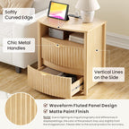 Dystler Fluted Night Stand with Gun Drawer & Card-Lock, 19.7" W Curved Nightstand with Charging Station and LED Lights, 2 Drawers Smart Bedside Table for Bedroom (1, Oak)