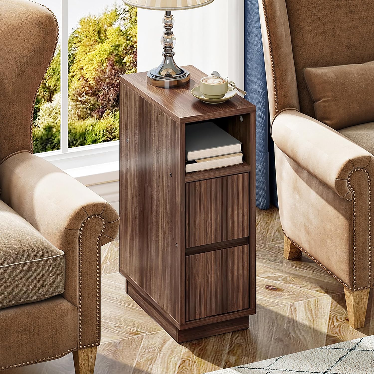 CHOEZON 8.7" Narrow Fluted Nightstand and Narrow Side Table Bundle, Small Bedside Table, Skinny Side Table, Modern Nightstand with Storage, for Living Room, Bedroom, Walnut and Black MBZ12HT-MBZ10BB