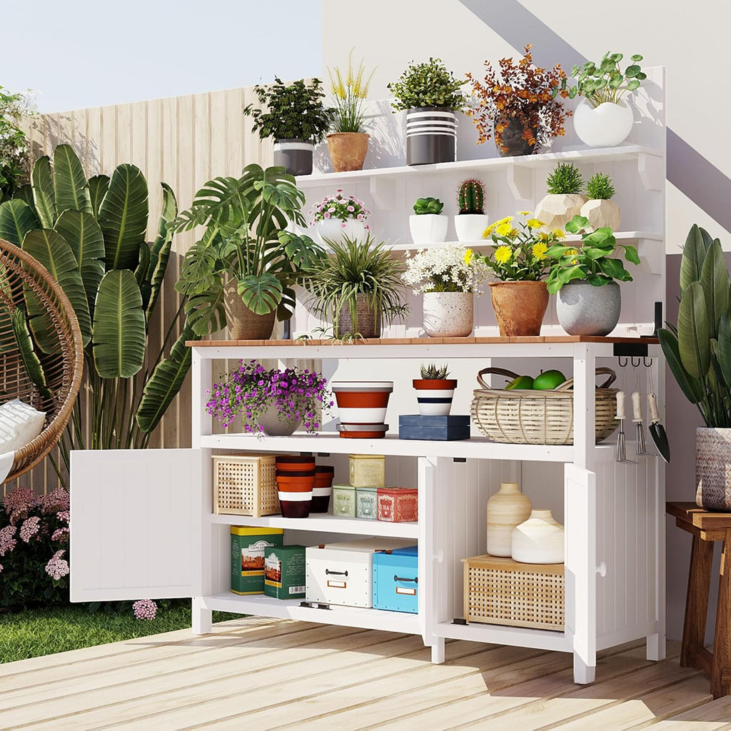 SOFTSEA Outdoor Potting Bench with Hutch, 50.2" Fir Wood Garden Workstation with 2 Shelves & 2 Cabinets, Outdoor Planting Table with Large Countertop & 3 Side Hooks, White