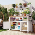 SOFTSEA Outdoor Potting Bench with Hutch, 50.2" Fir Wood Garden Workstation with 2 Shelves & 2 Cabinets, Outdoor Planting Table with Large Countertop & 3 Side Hooks, White