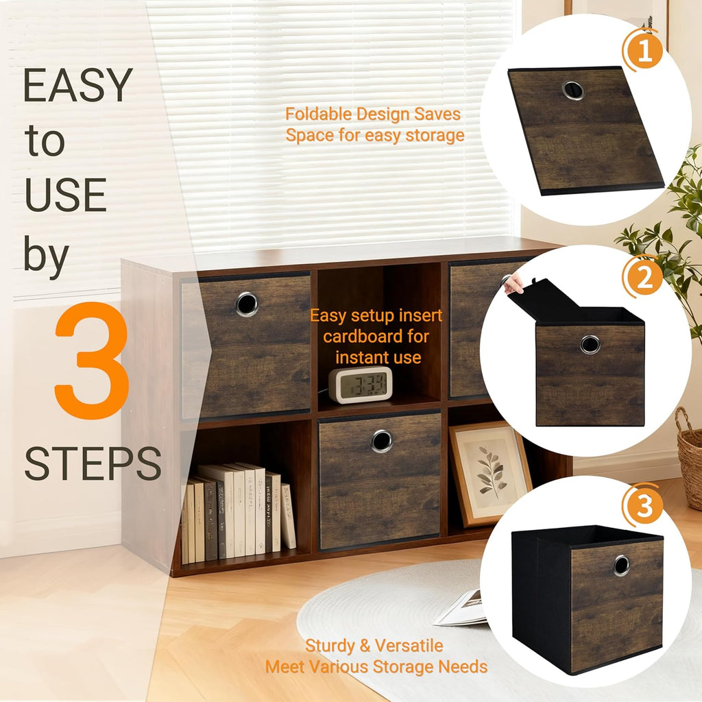 Thickened Fabric Cube Storage Bins with Wood Look,Decorative Storage Cubes Foldable Box,Sturdy Cube Organizer Basket for Shelves,Closet,Home,Office, Nursery,Dorm,Brown with Black,3 Pack (12x12x12in)