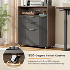 ModernMate Fluted Mobile Office File Cabinet with 3 Drawers, 37" Rolling Storage Cabinet with Charging Station, Small Printer Stand for Home Office, Black Walnut