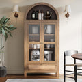 71” Tall Arched Kitchen Pantry Cabinet, Modern Farmhouse Hutch Storage Cabinets with Large Drawer and Glass Doors for Kitchen, Dining Room, Living Room, Natural
