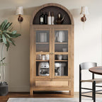 71” Tall Arched Kitchen Pantry Cabinet, Modern Farmhouse Hutch Storage Cabinets with Large Drawer and Glass Doors for Kitchen, Dining Room, Living Room, Natural