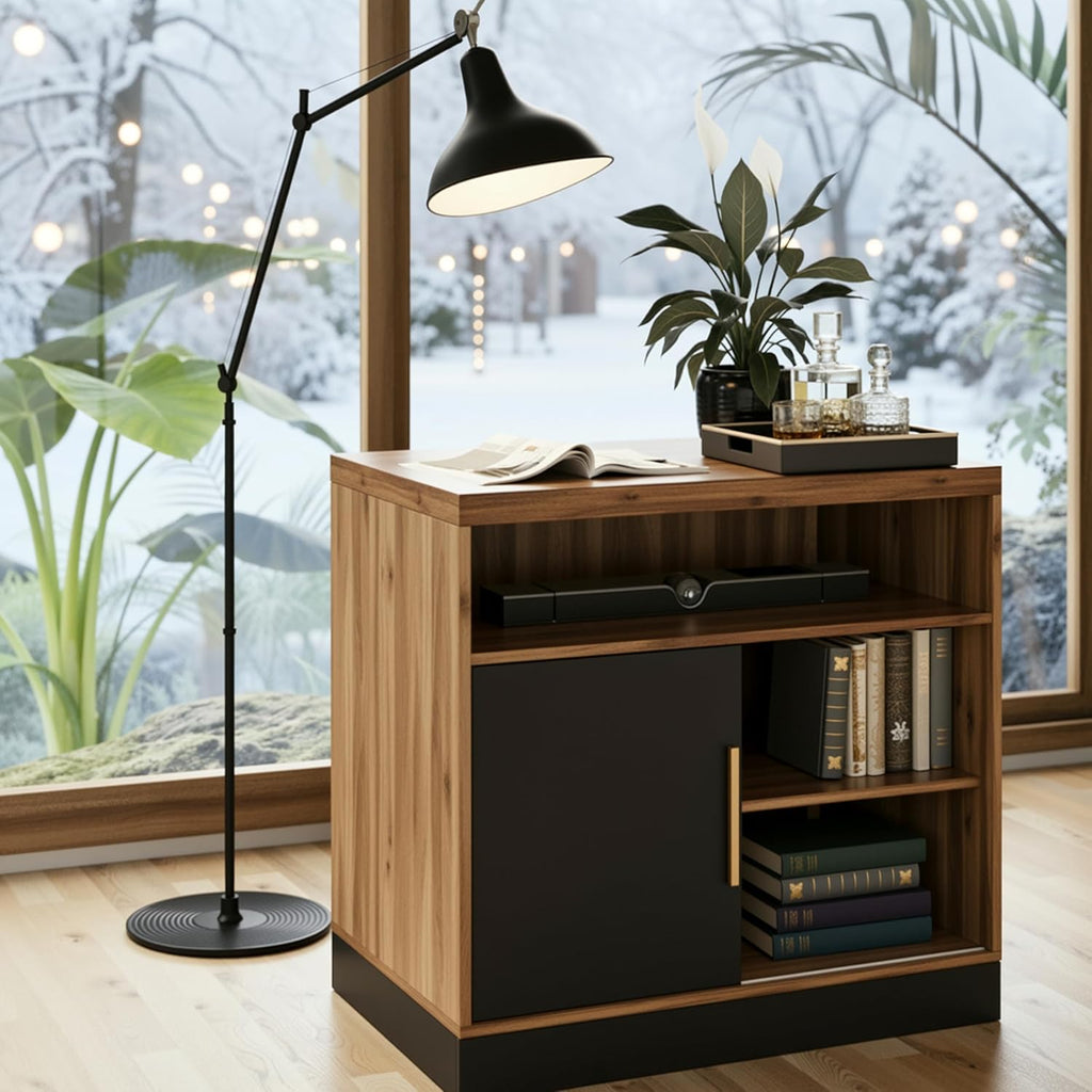 ModernMate Modern Wood Accent Storage Cabinet with Sliding Door, Adjustable Open Shelves, Floor Standing Storage Cabinet for Home Office,Tool, Arts, Craft,Supply,31”W×20”D×29”H, Black Walnut