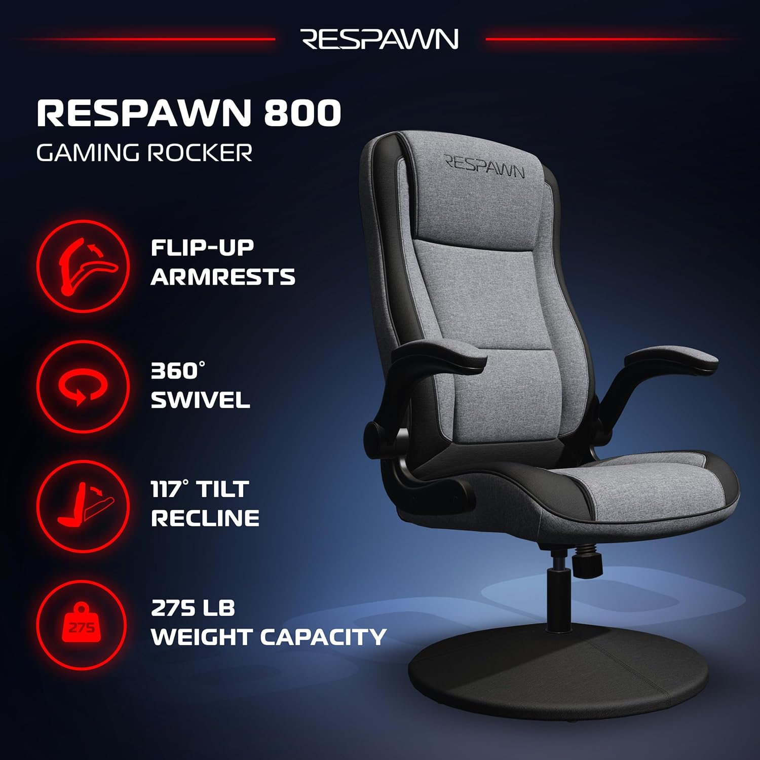 RESPAWN 800 Swivel Rocker Gaming Chair - Ergonomic Floor Gaming Seat with Lumbar Support, Flip Up Armrest, High Back, Pedestal Base, Comfortable No Wheels Console Video Game Rocker Chair - Gray Fabric