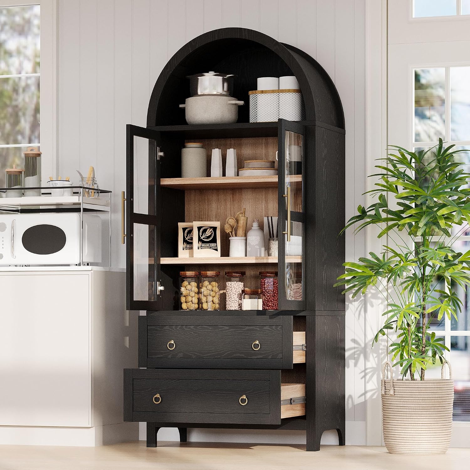 HRVEOCEI Black Arched Cabinet with Glass Doors, Tall Arch Kitchen Pantry with 2 Large Drawers & Adjustable Shelves/Golden Handles, Wood Hutch Cabinet for Kitchen, Dining Room, Living Room