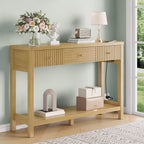 47 Inch Fluted Console Table with Outlets and USB-C Port, Mid Century Modern Sofa Table with 3 Drawers and Open Shelf, Entryway Table with Charging Station for Behind Couch, Hallway, Foyer, Oak