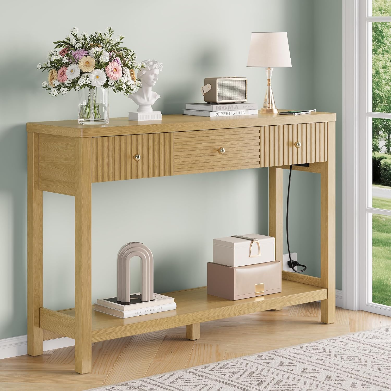 47 Inch Fluted Console Table with Outlets and USB-C Port, Mid Century Modern Sofa Table with 3 Drawers and Open Shelf, Entryway Table with Charging Station for Behind Couch, Hallway, Foyer, Oak