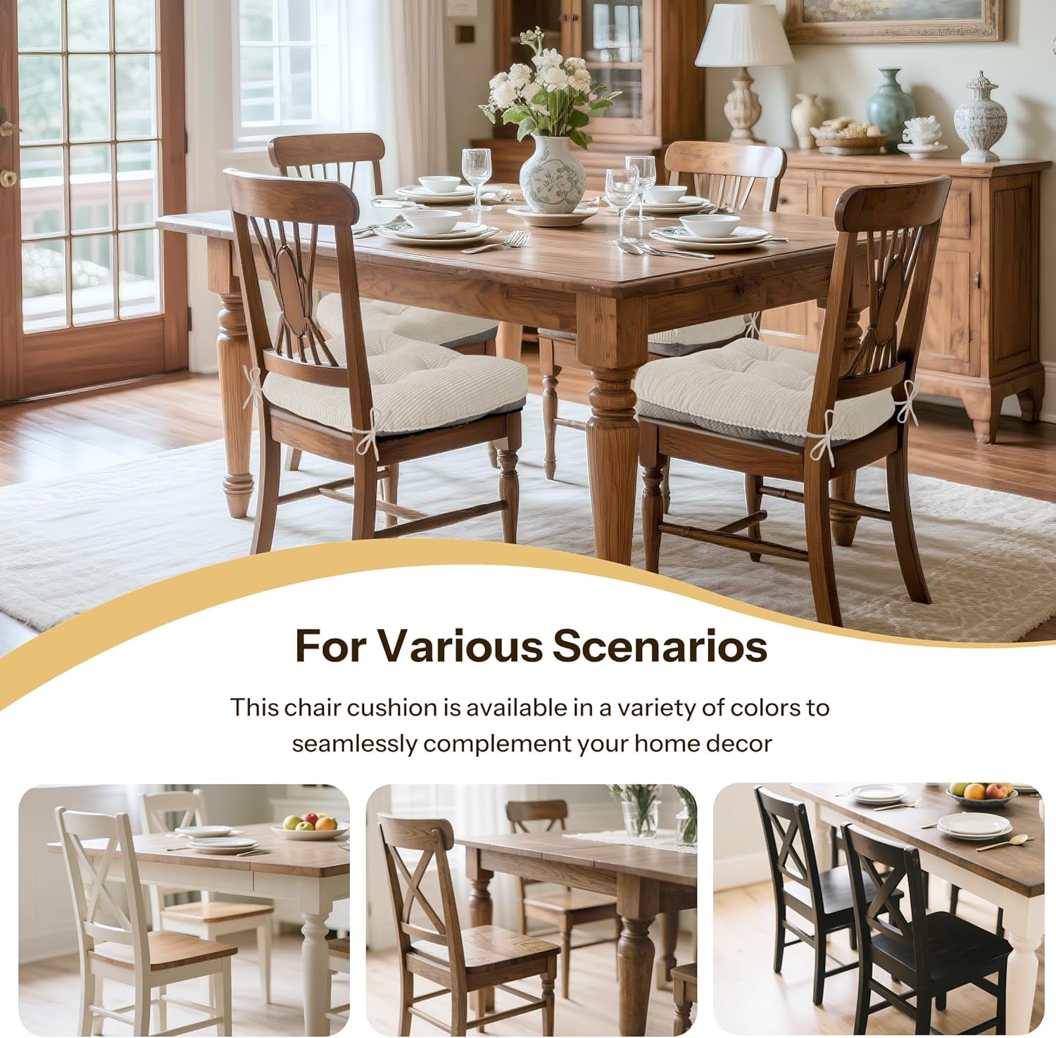 Indoor Kitchen Chair Cushions Set of 4 18"X16.5"X3" Soft Anti Slip Dining Chair Pads Tufted Kitchen Seat Cushion with Ties, Beige