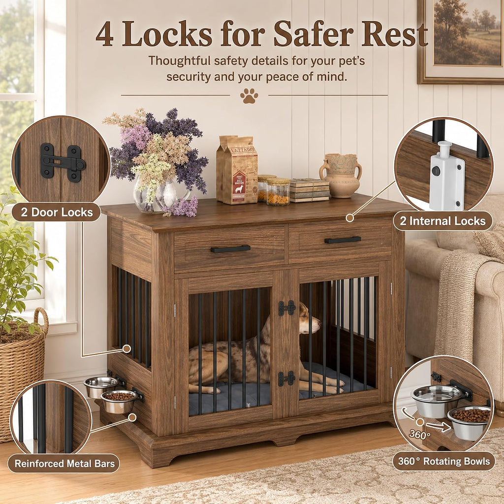 44.48" Large Dog Crate Furniture End Table (Brown) | 2 Storage Drawers, Rotating Removable Bowls, Lockable Double Doors, Reinforced Metal Bars