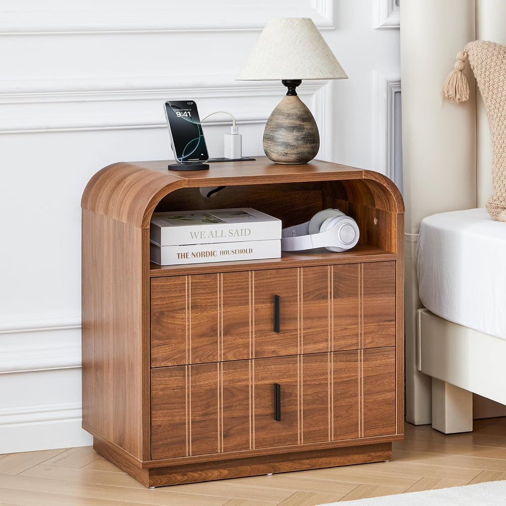 Large Nightstands Set of 2, Mid Century Modern Bedside Table with Charging Station, 2 Storage Drawers, Curved Side Table with Open Cubby Storage for Bedroom Living Room Offic, Walnut