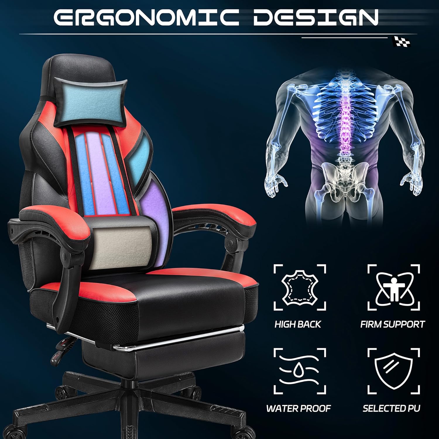 Gaming Chair for Adults, Video Game Chair with Footrest, Big and Tall Gaming Chair Heavy Duty Computer Chair with Massage Lumbar, Ergonomic Adjustable Height and 360° Swivel Seat, PU Leather, Red