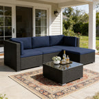 Incbruce 5 Pcs Patio Furniture Set with Ottoman, All-Weather PE Rattan Outdoor Sectional Sofas, Patio Sectional Furniture Set with Cushion & Glass Table (Blue)