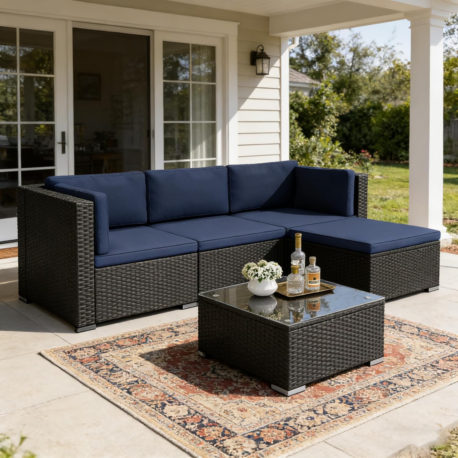 Incbruce 5 Pcs Patio Furniture Set with Ottoman, All-Weather PE Rattan Outdoor Sectional Sofas, Patio Sectional Furniture Set with Cushion & Glass Table (Blue)