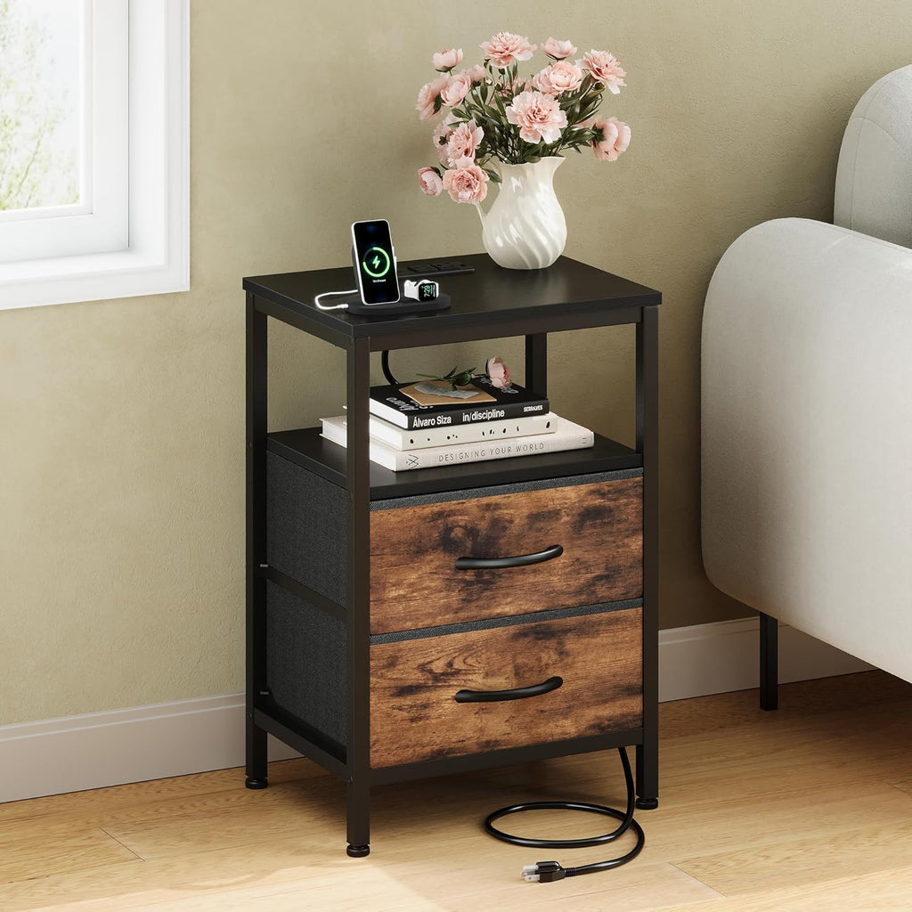 OLIXIS Nightstand with Charging Station, Bedside Table with USB Ports & Type-C, 2 Fabric Drawers Night Stand with Open Shelf, Compact End Table for Bedroom, Black & Rust