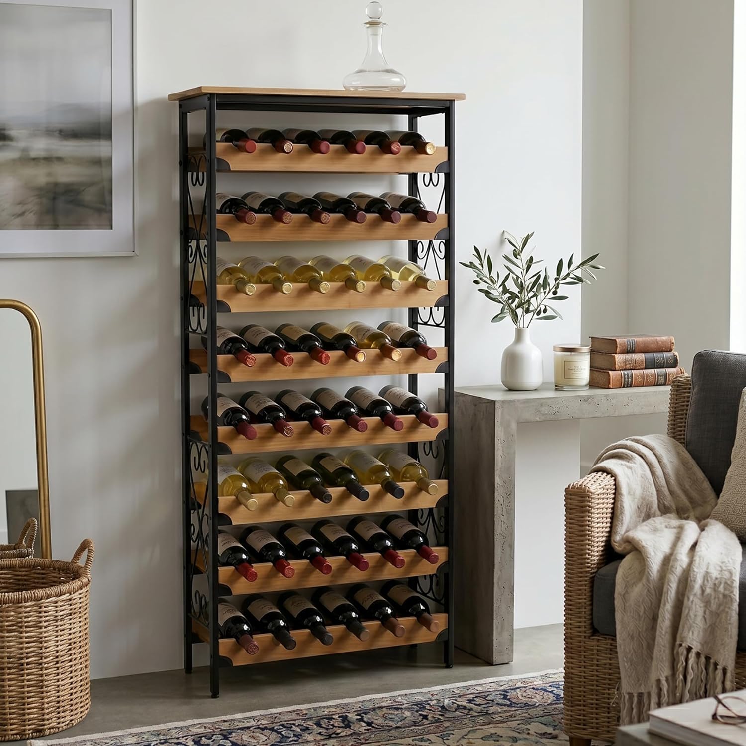 DECOMIL 48 Bottle Wine Rack, Freestanding Floor Storage Organizer with Real Bamboo Shelves, Metal Frame, Top Shelf, Easy Assembly, Fits Standard Bottles, 51 x 23 x 9.5 in