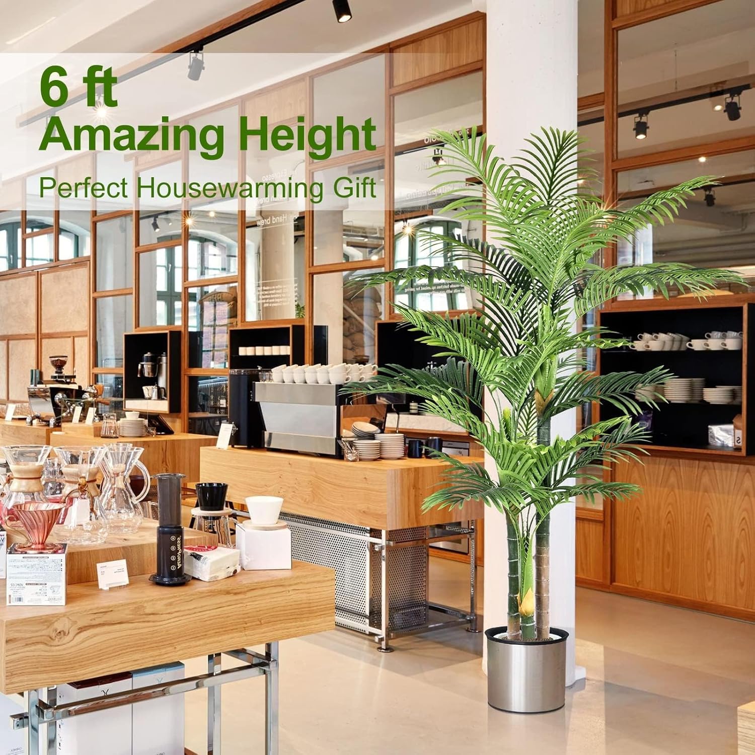 6ft Tall Triple Golden Cane Palm Artificial Tree Large Tropical Palm Tree UV Resistant Fake Plant in Pot for Indoor Outdoor Big House Living Room Outside Patio Office Home Decor 1Pack