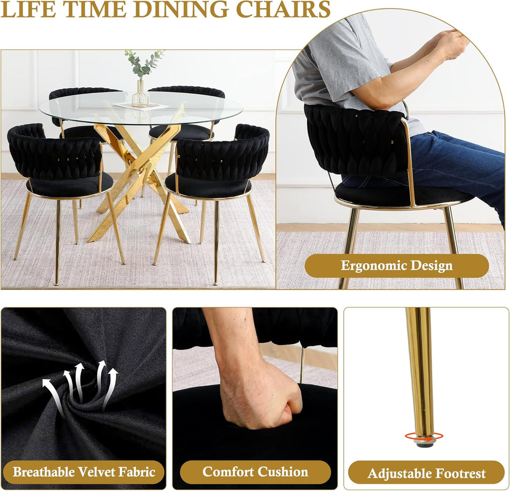Round Glass Dining Table Set for 4, 36'' Small Circle Glass Kitchen Table with 4 Luxury Black Gold Velvet Dining Chairs, 5-Piece Dining Room Table Set for Small Place(Gold Base)