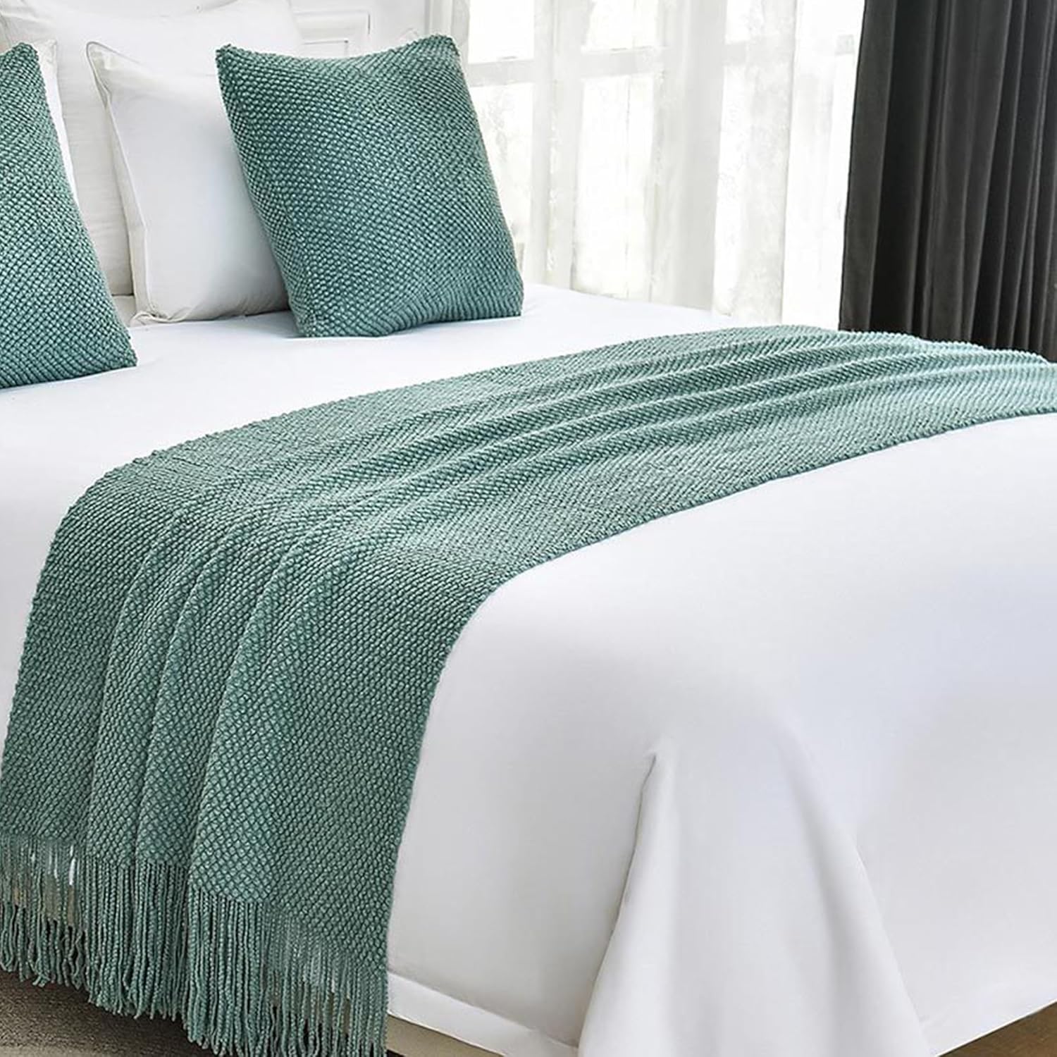 Knit Bed Runners for King Size Bed, Solid Color Bed Scarf with Tassel, Boho Woven Bed Scarves No Fading Soft Bed Throw Blanket for Bedroom Home Hotel (60x230cm/23.6 * 90.6in,A10)