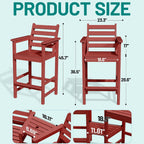 PLUUV Tall Adirondack Chairs Set of 2 with Double Connecting Side Trays, All-Weather HDPE Bar Height Patio Chairs for Balcony & Poolside, 380 LBs Capacity Heavy Duty Outdoor Furniture, Red