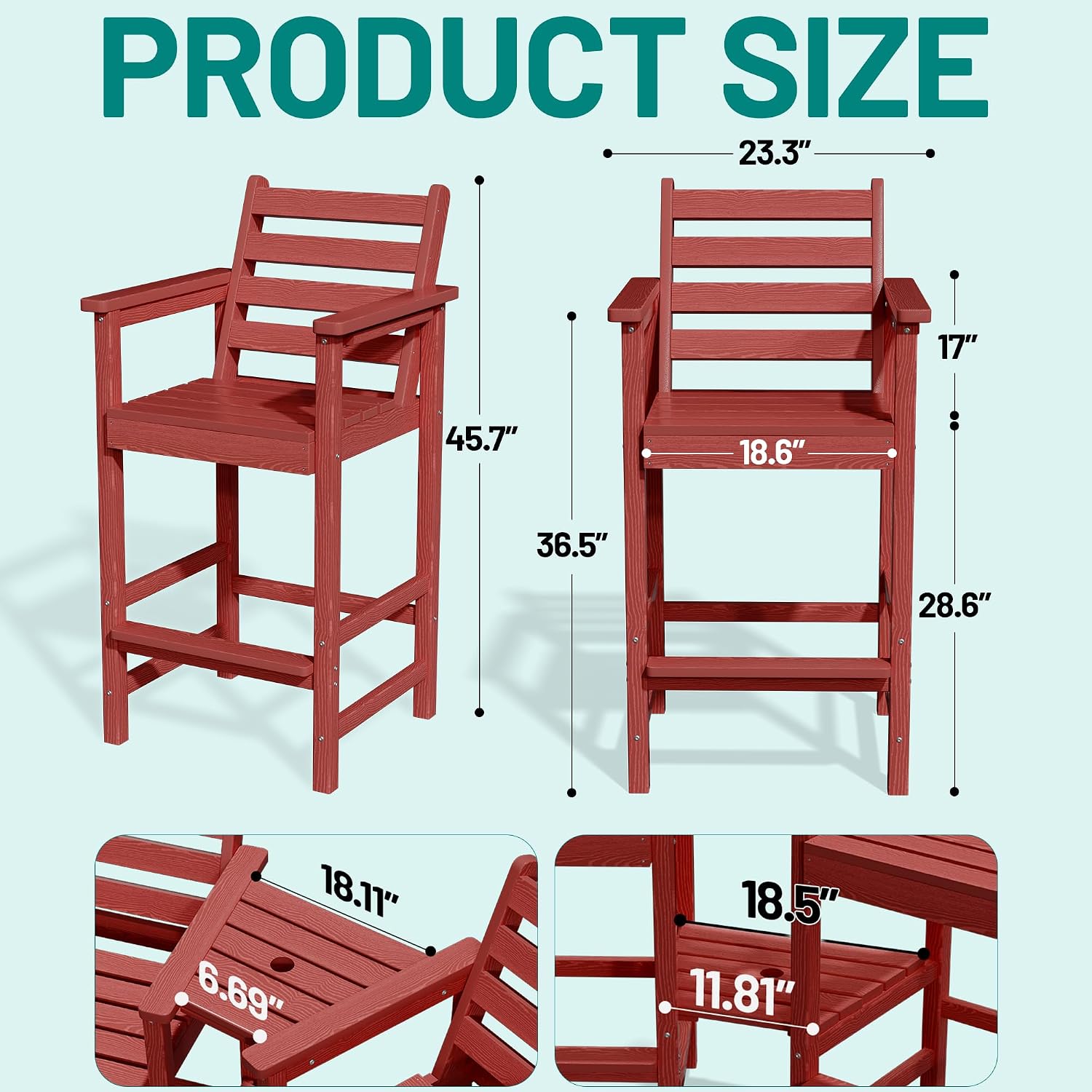 PLUUV Tall Adirondack Chairs Set of 2 with Double Connecting Side Trays, All-Weather HDPE Bar Height Patio Chairs for Balcony & Poolside, 380 LBs Capacity Heavy Duty Outdoor Furniture, Red