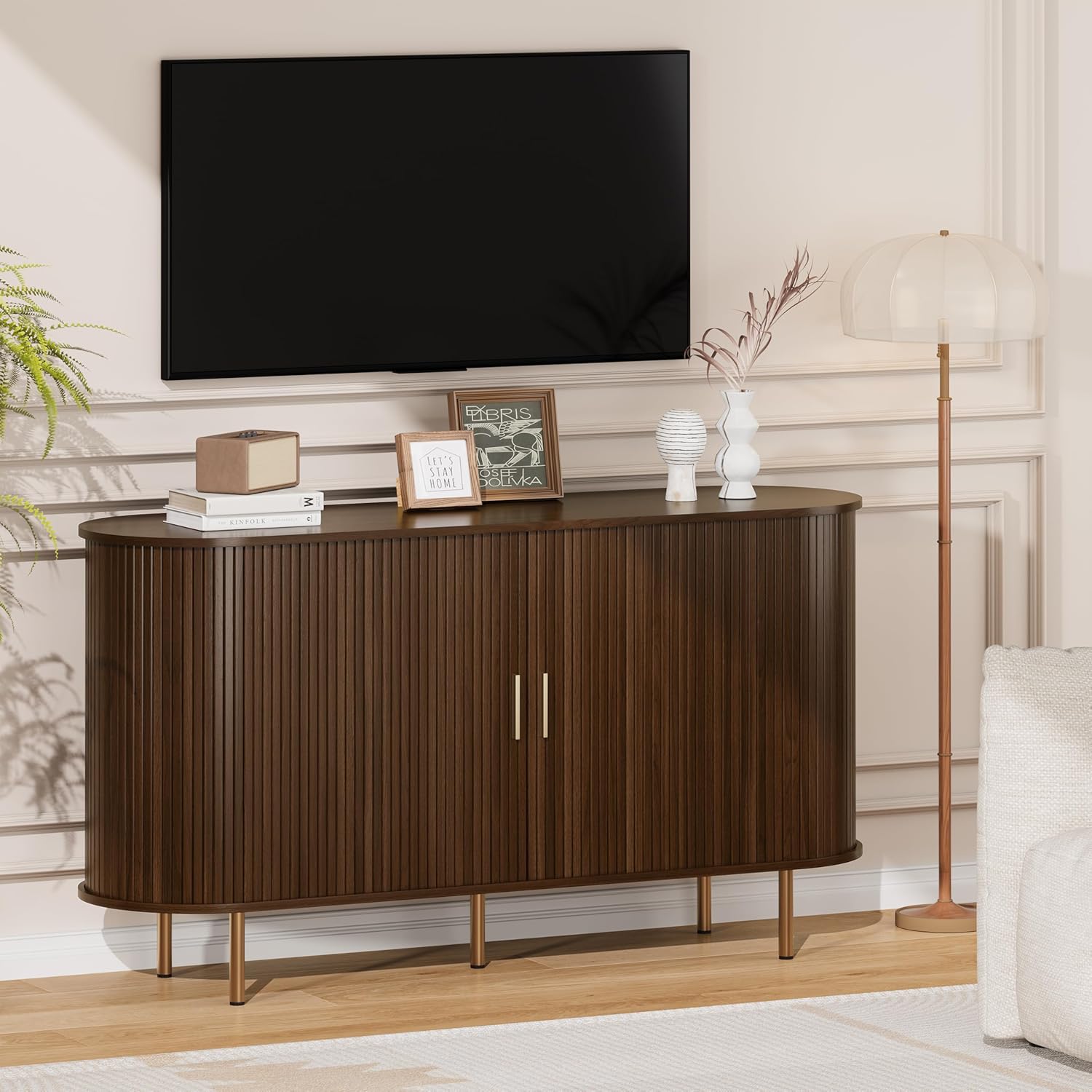 DHH Sideboard Buffet Cabinet with Storage,Mid Century Modern Fluted Accent Coffee Bar Console Table,Tambour Sliding Doors& Adjustable Shelf for Kitchen, Living Room, Entryway(Walnut,55 Inch)
