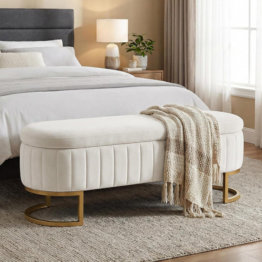 65 Inch Storage Ottoman Bench Velvet End of Bed Storage Bench King Size Upholstered Tufted Bench Large Space for Bedroom Living Room Entryway Beige