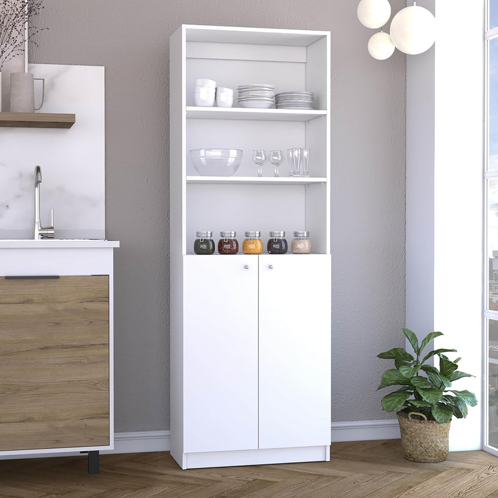 Kitchen Pantry Cabinet,Wooden Cupboard Credenza Cabinet with 3 Open Shelves & 2 Doors,Freestanding Kitchen Hutch Organizer for Dining Room,Living Room,White