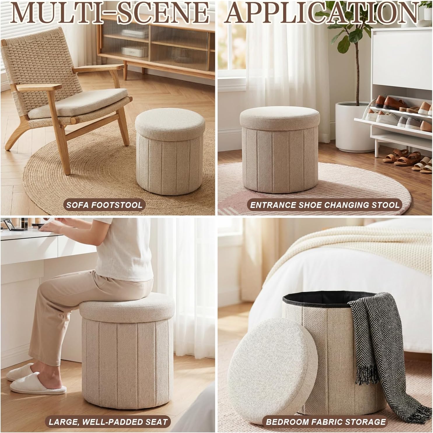 Abalter Round Storage Ottoman with Lid, Foldable Linen Storage Ottoman Bench with Large Storage Space, Collapsible Storage Stool Foot Rest Seat for Living Room Bedroom Entryway Closet(Beige)