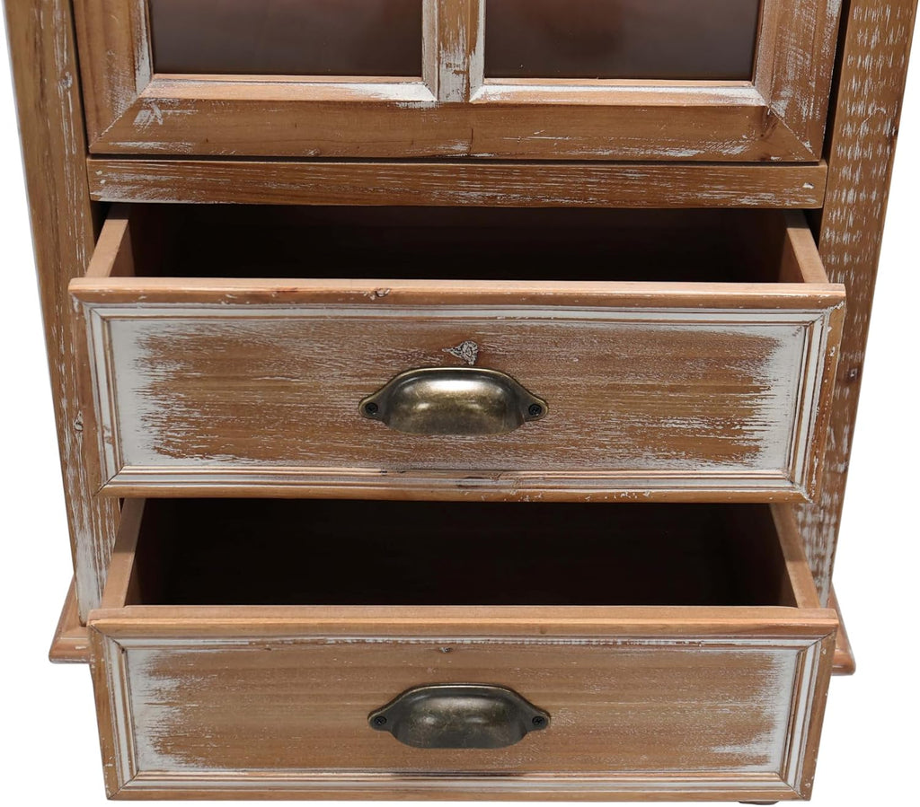 Tall Storage Cabinet with Glass Door & 2 Drawers — Vintage Wood Display Cabinet, Single Door Cabinet with Shelves, Wood Storage Cabinet for Living Room (Solid Wood Frame + MDF)