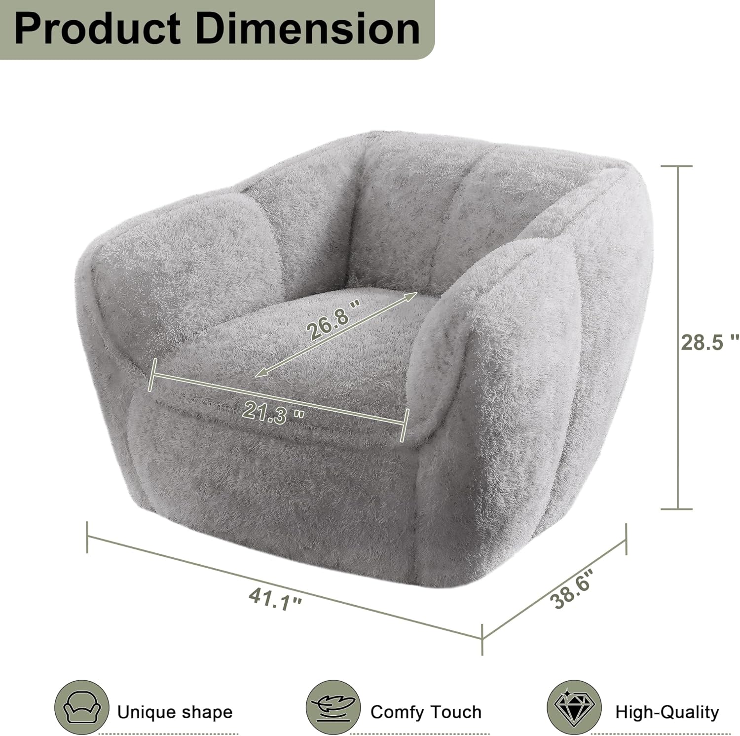 Bean Bag Chair,BeanBag Chairs for Adults,Oversized Bean Bag Couch,Grey Bean Bag with Memory Foam Filling,Faux Fur Reading Chair,Stuffed Floor Sofa for Bedroom Dorm Living Room, Apartment,Grey