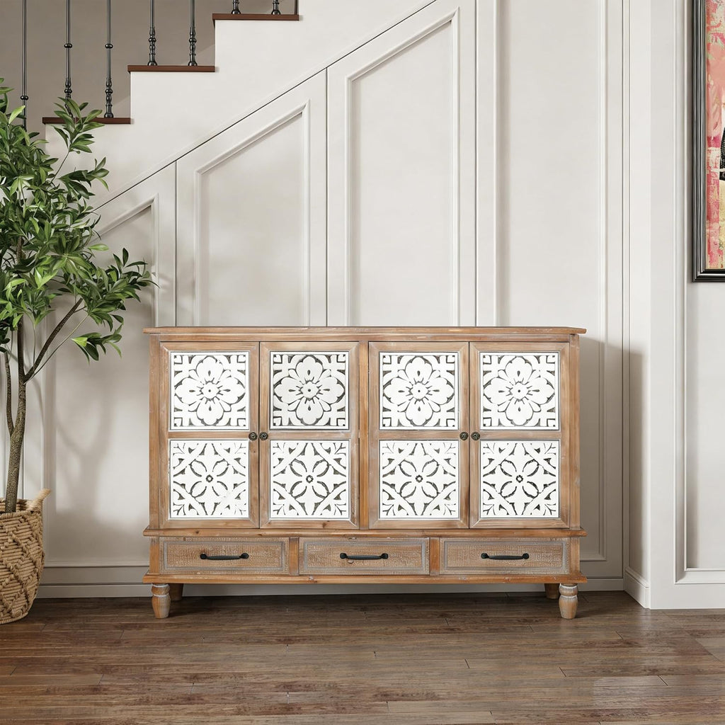 LKTART 59" French Country Vintage Sideboard Buffet Cabinet with Embossed Floral Metal Doors and Solid Wood Frame, Retro Storage Cabinet for Kitchen, Living Room,Natural Wood